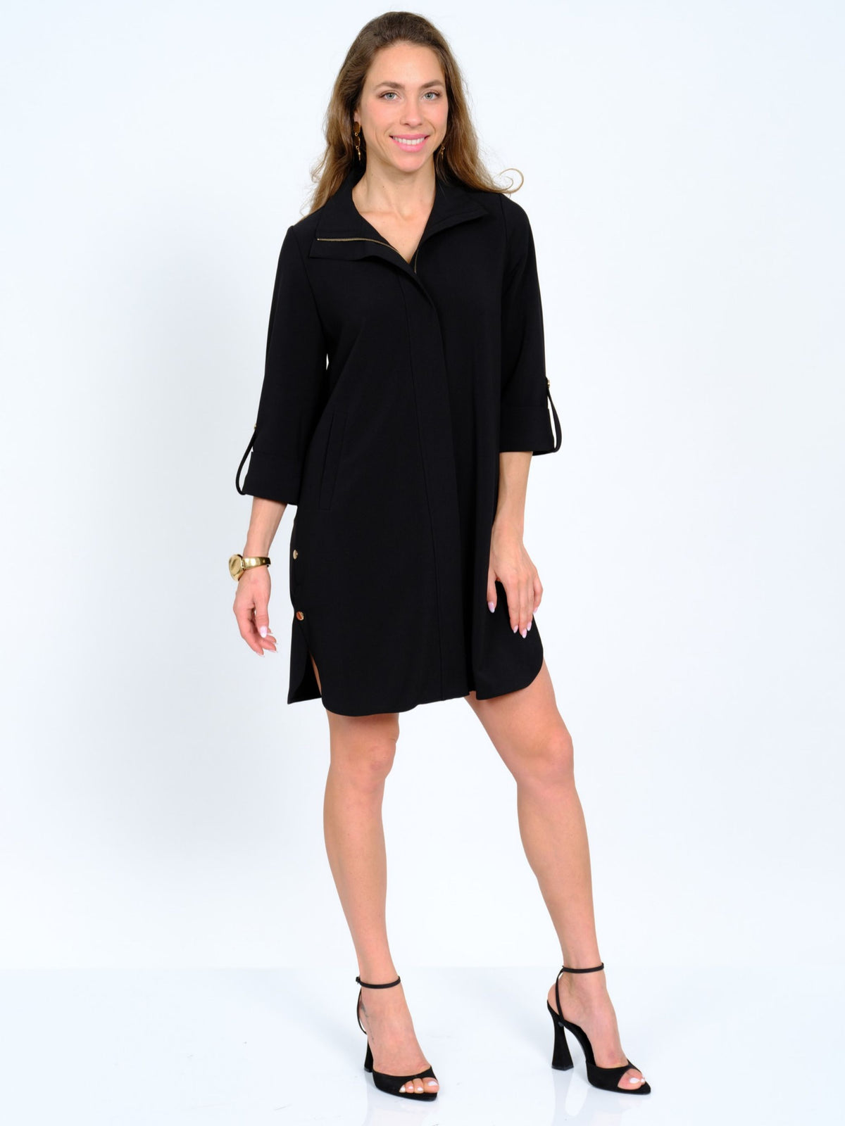 Women's Collared Soft Knit Black Zip Front Knee Length Dress - "Milo"