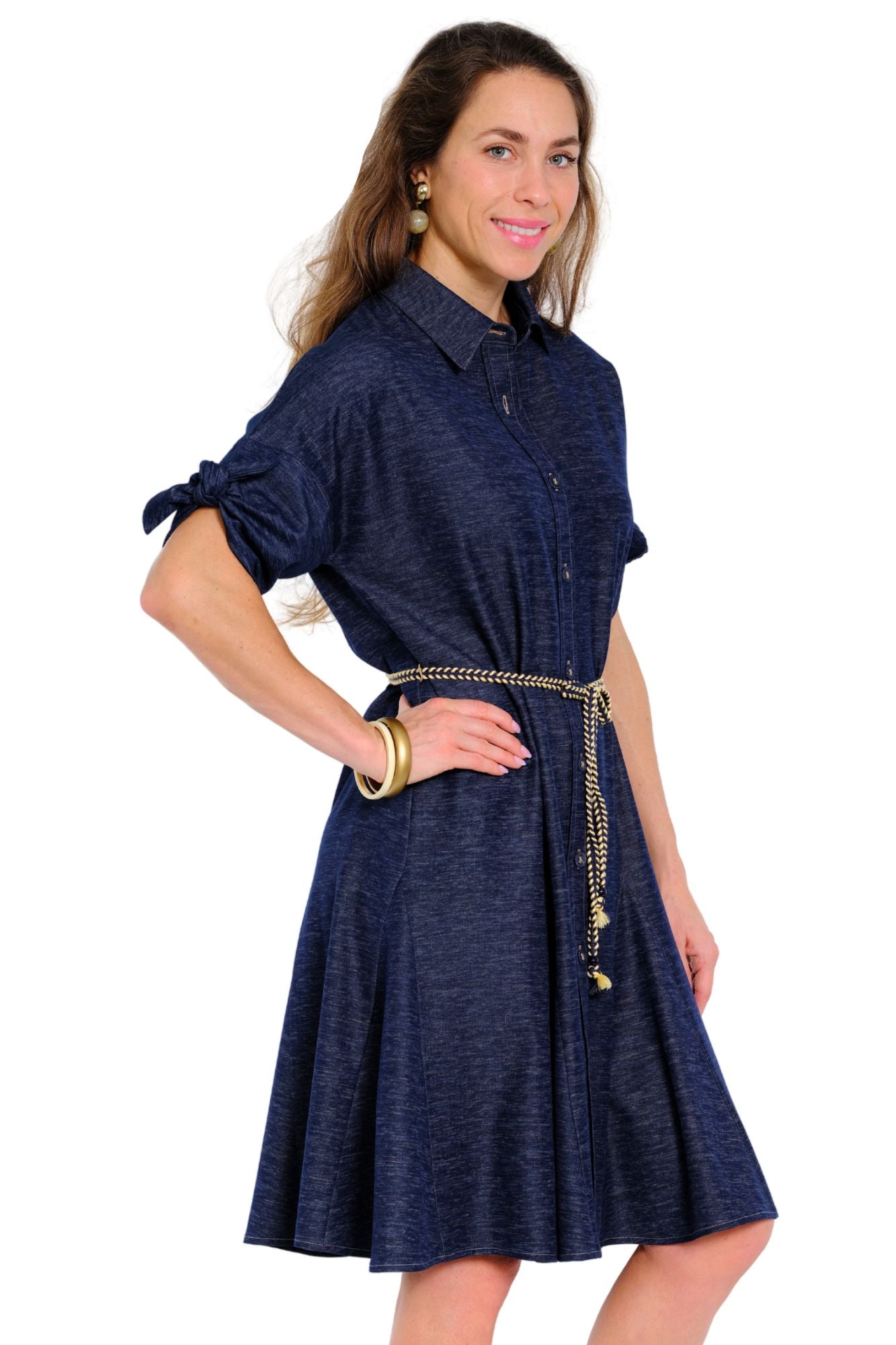 LIOR Mae navy denim shirt dress for women with rope belt, button-front fit-and-flare travel dress