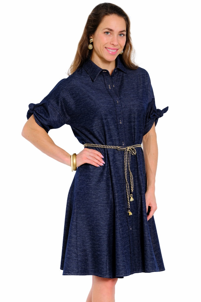 Navy women’s denim shirt dress by LIOR with lightweight chambray fabric and waist-defining belt