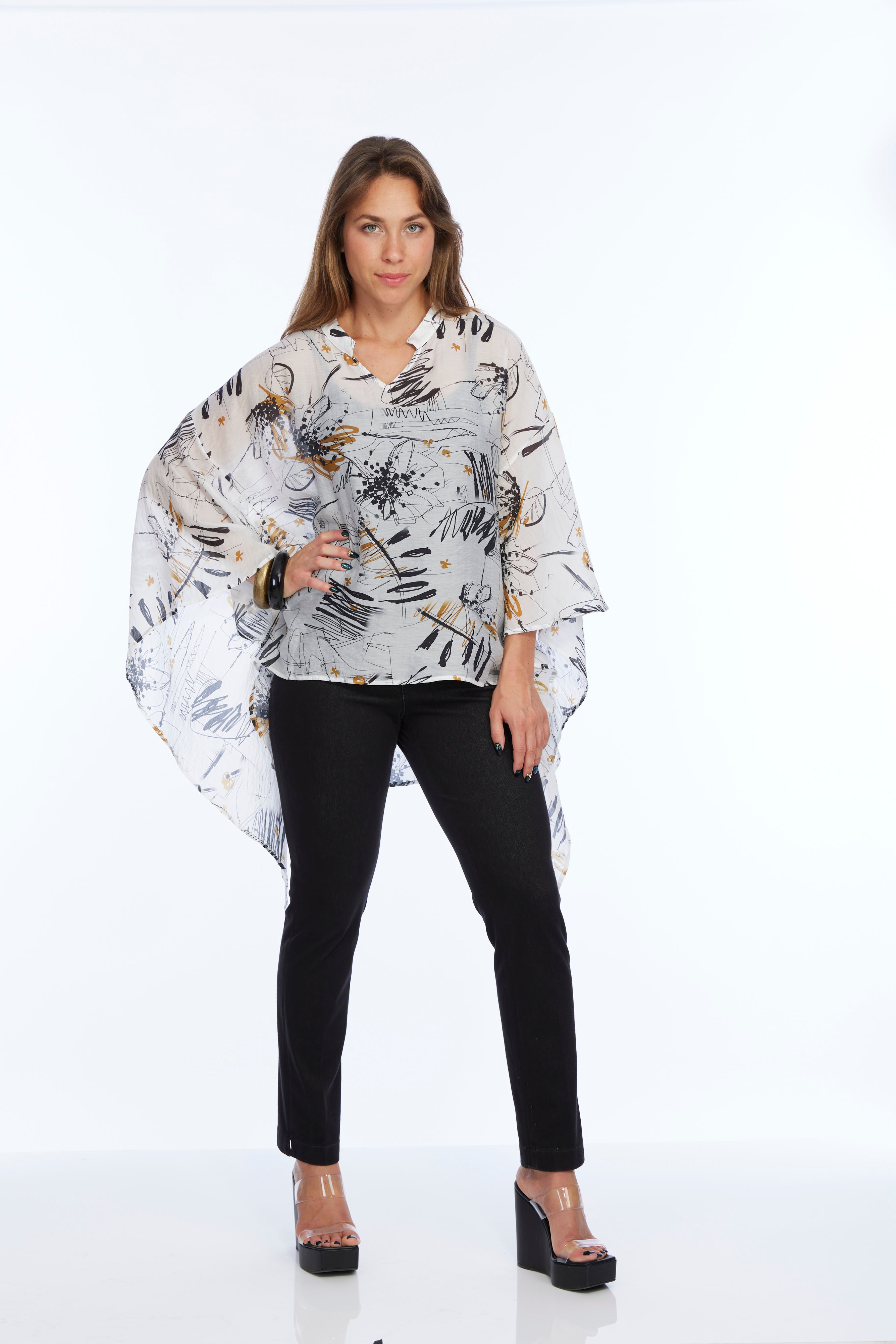 White Printed Flowly Sheer Collar Top | Maya