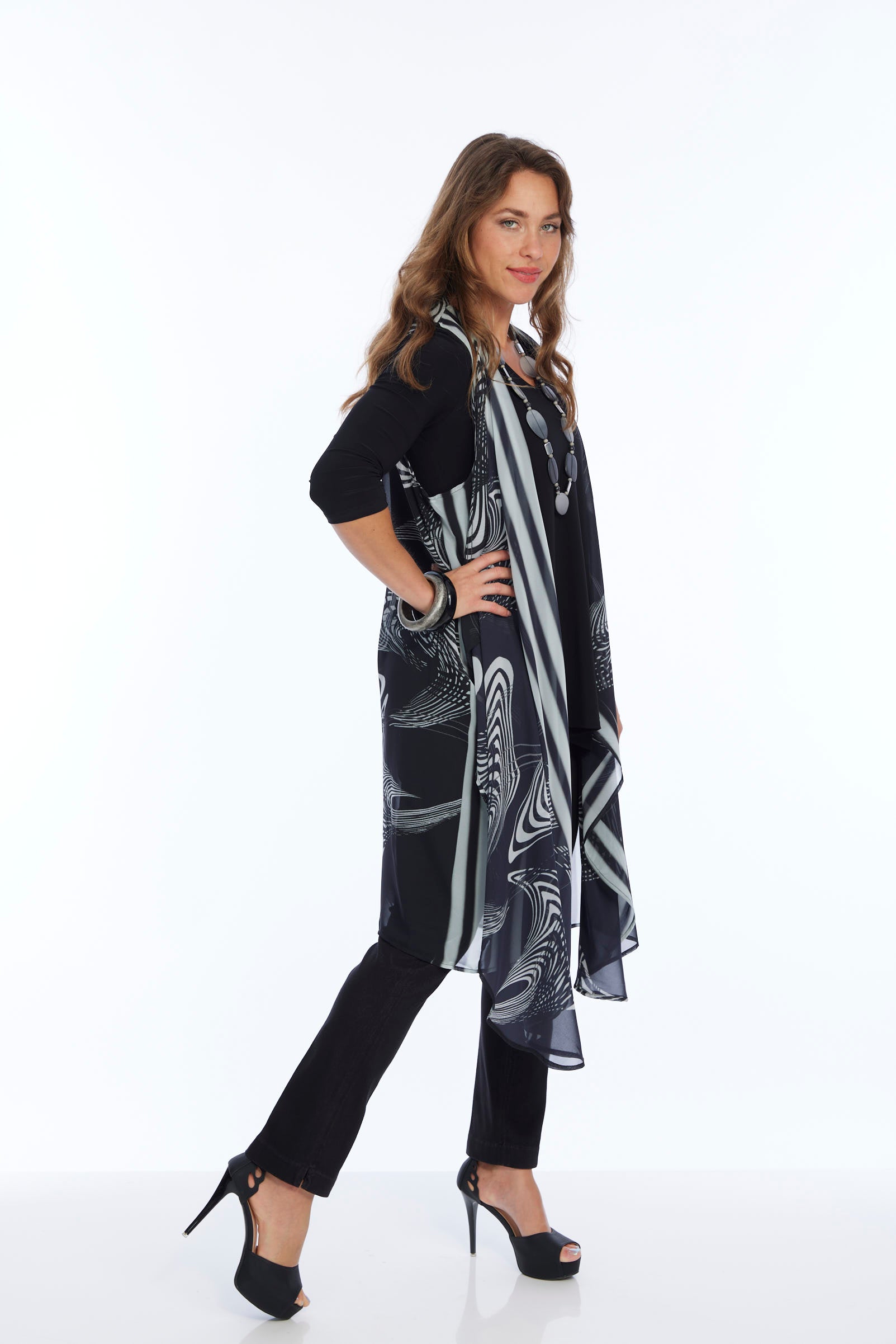 Women's Long Black & White Sheer Vest MILA | LIOR