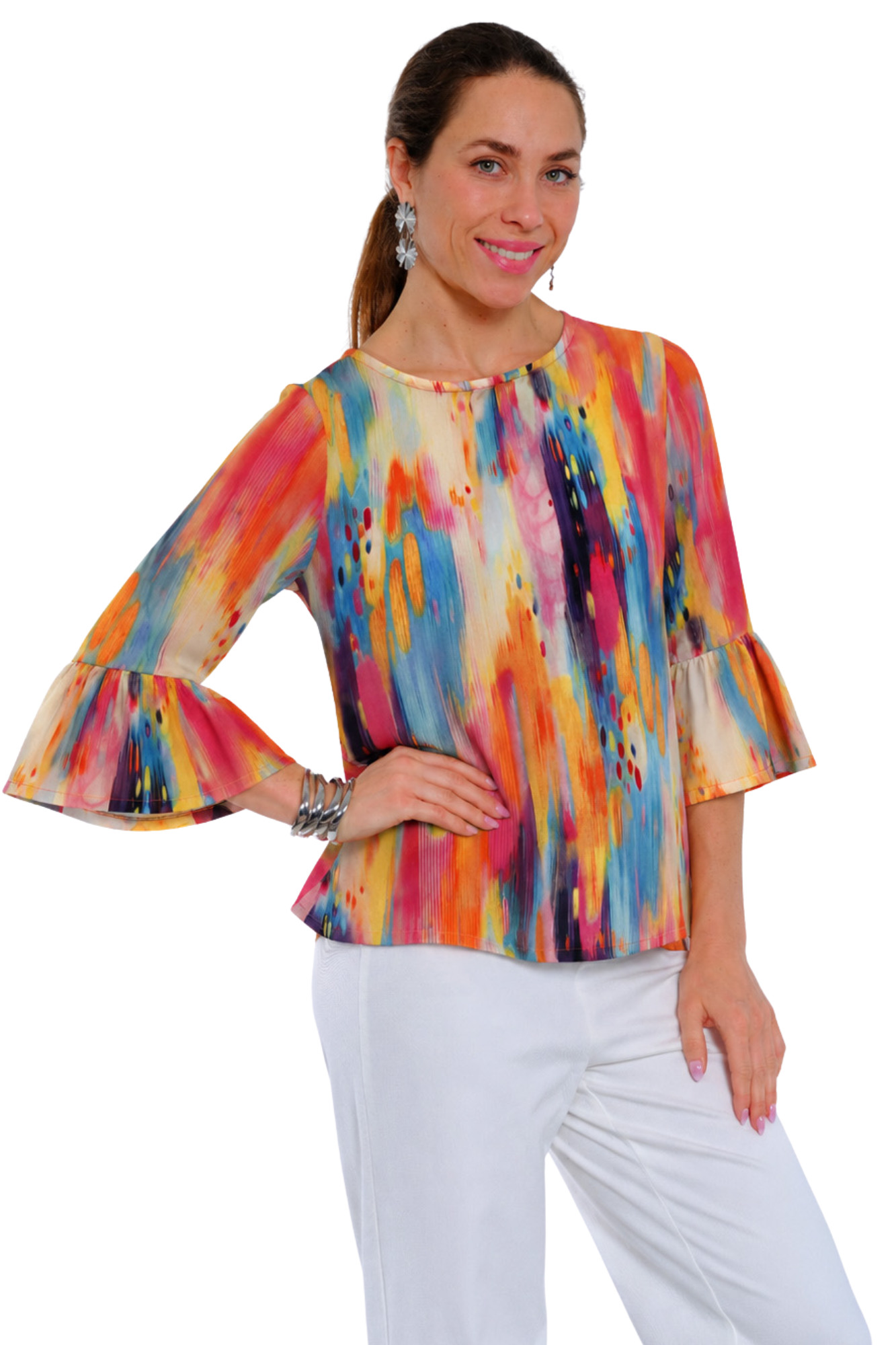 Lior Women's Colorful Abstract Print Bell Sleeve Top for Women With Relaxed Fit - "MILLIE"