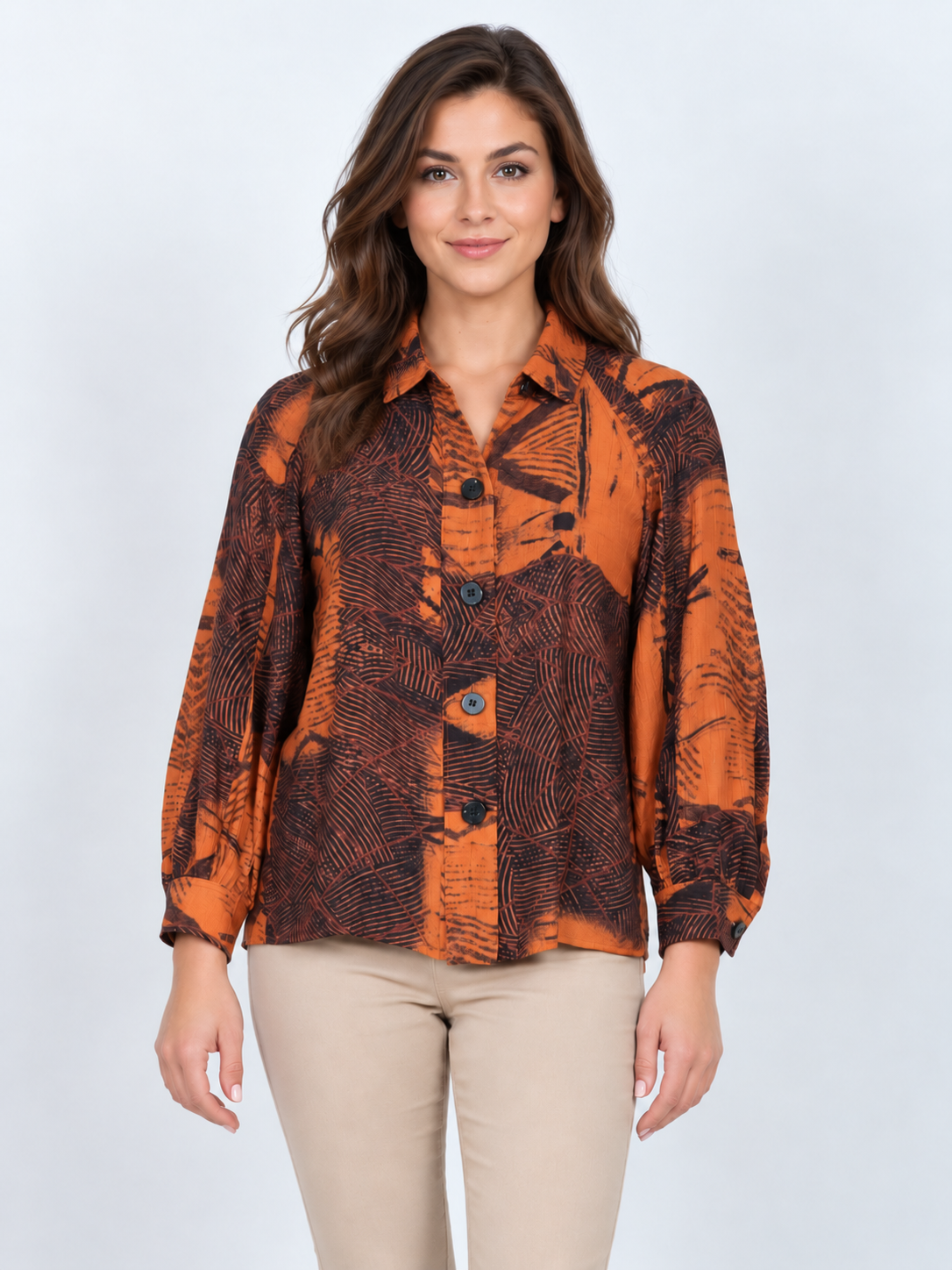 LIOR Women's Rust Tribal Print Button Front Long Sleeve Shirt - "Columbia"