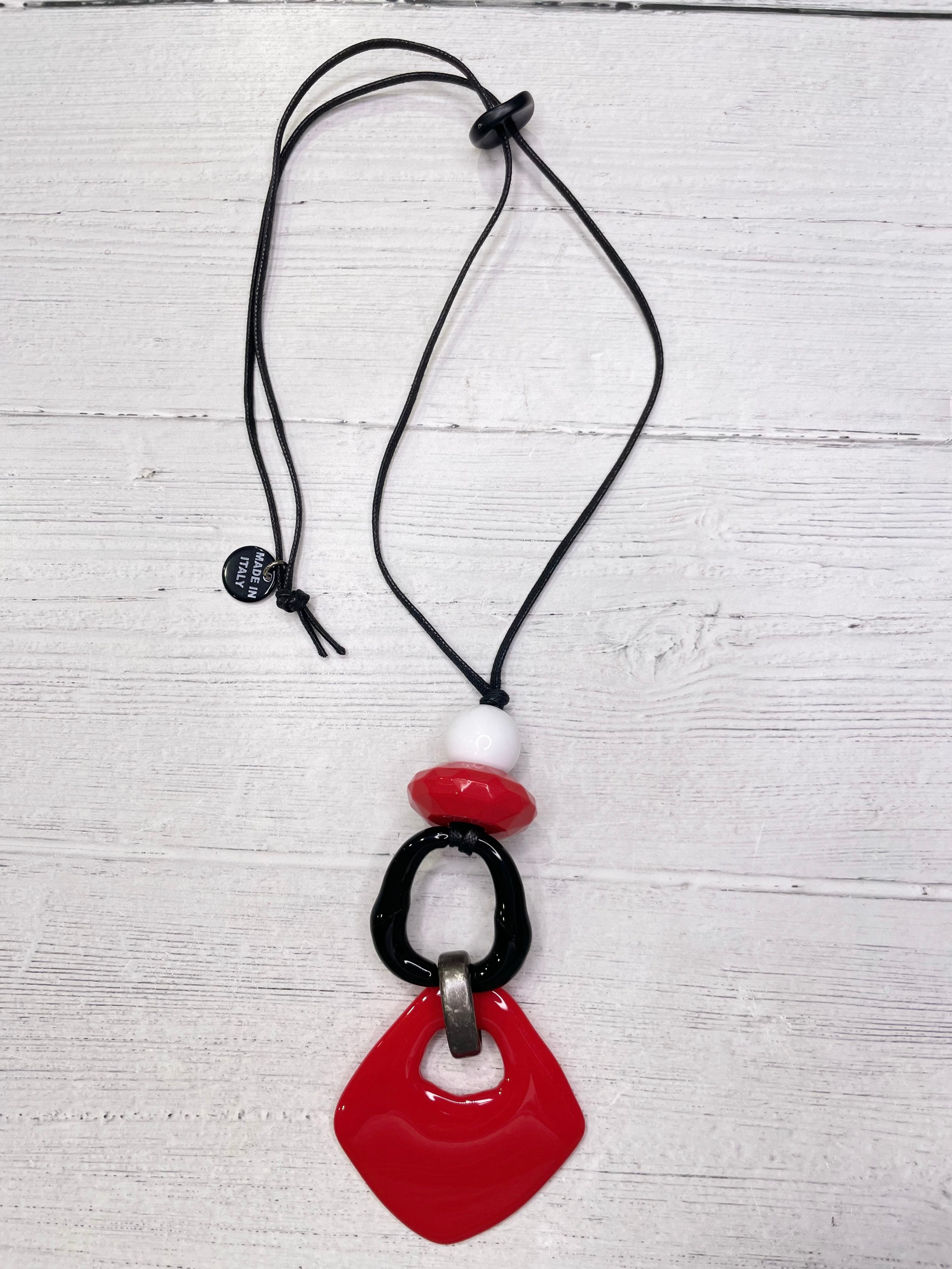Alisha D Women's Black White Red Resin Pendant Adjustable Cord Necklace