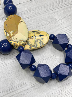 Alisha D Handmade Wood Beaded Statement Necklace Adjustable Cord Navy Cream