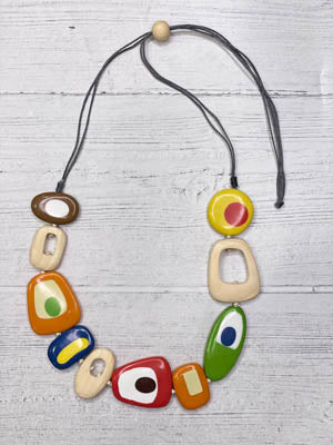 Multicolor Wood Statement Necklace Adjustable Cord