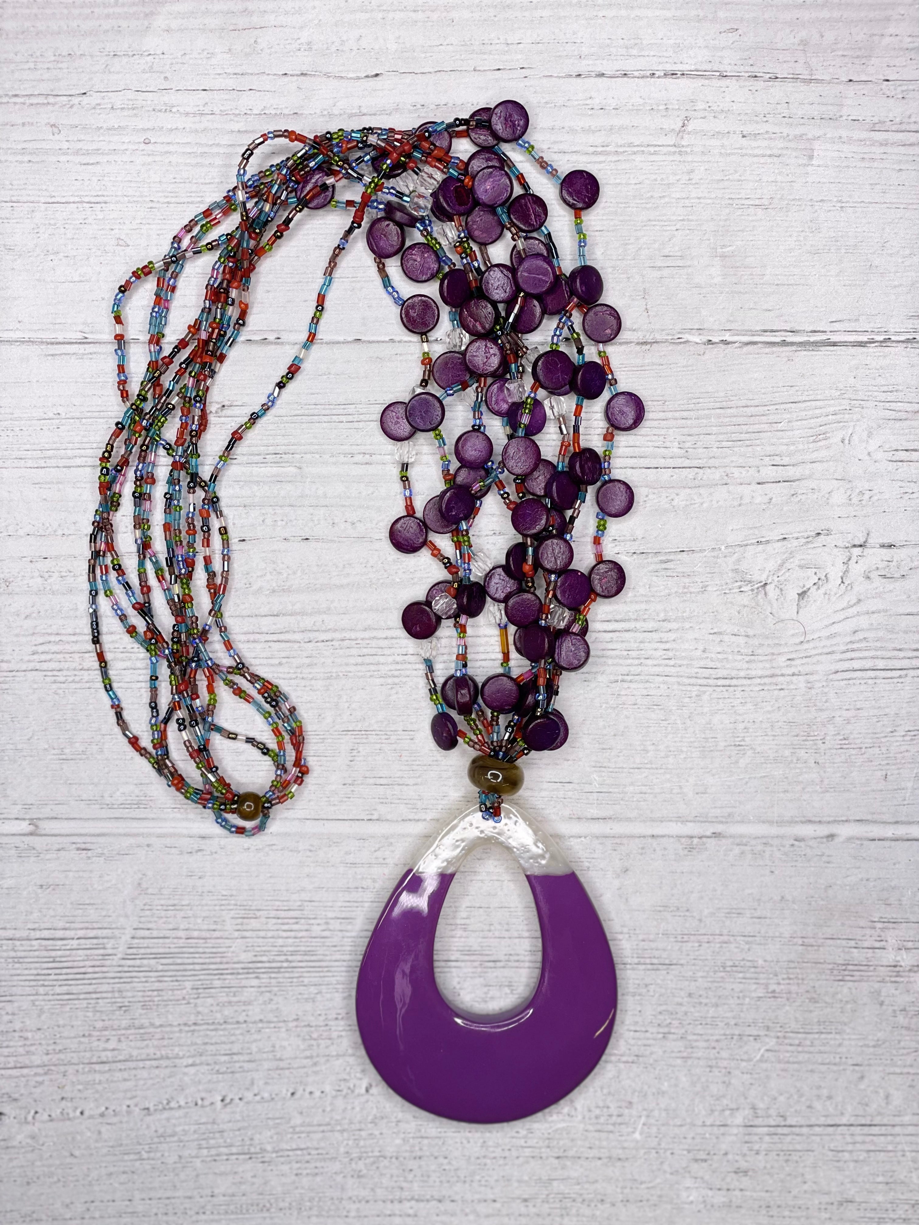 Multi Strand Teardrop Pendant Purple White Resin Women's Necklace