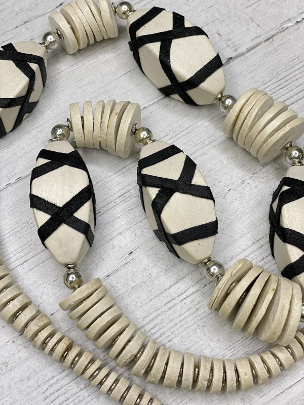 Alisha D Black Leather Wrapped  Ivory Wood Bead Necklace