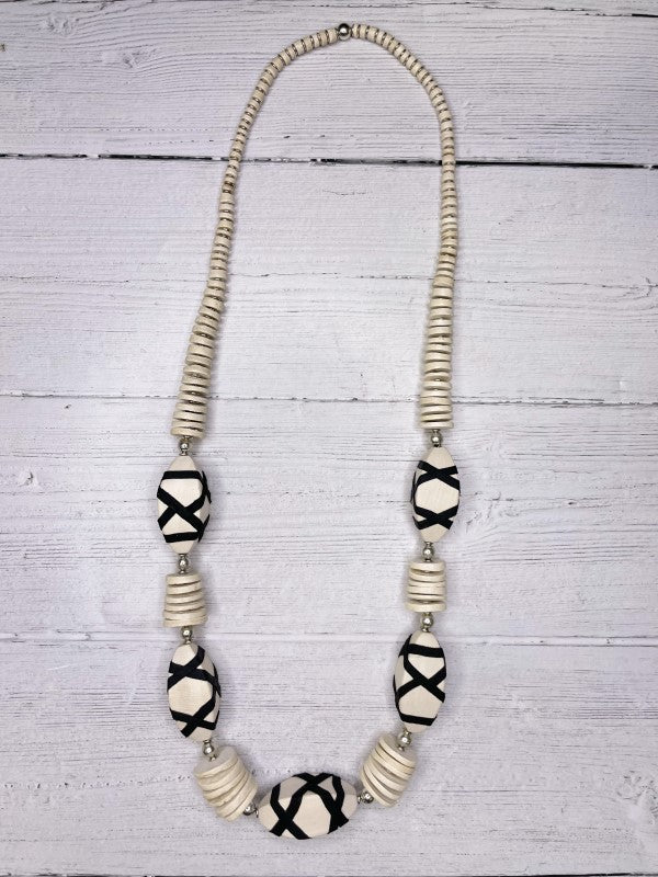 Alisha D Black Leather Wrapped  Ivory Wood Bead Necklace