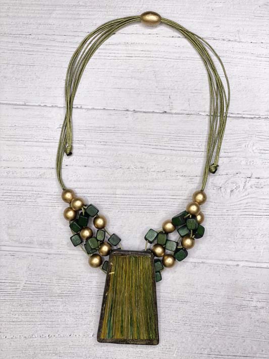 Alisha D Handmade Green Gold Resin Pendant Statement Necklace Adjustable Cord