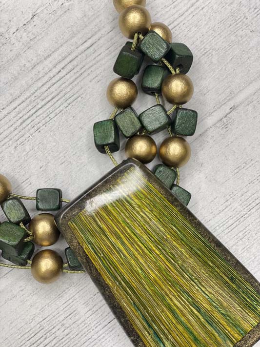 Alisha D Handmade Green Gold Resin Pendant Statement Necklace Adjustable Cord