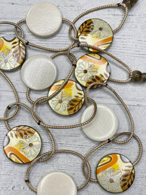 Alisha D Long Statement Necklace Adjustable Cord In Natural and Hand painted Wood Coin