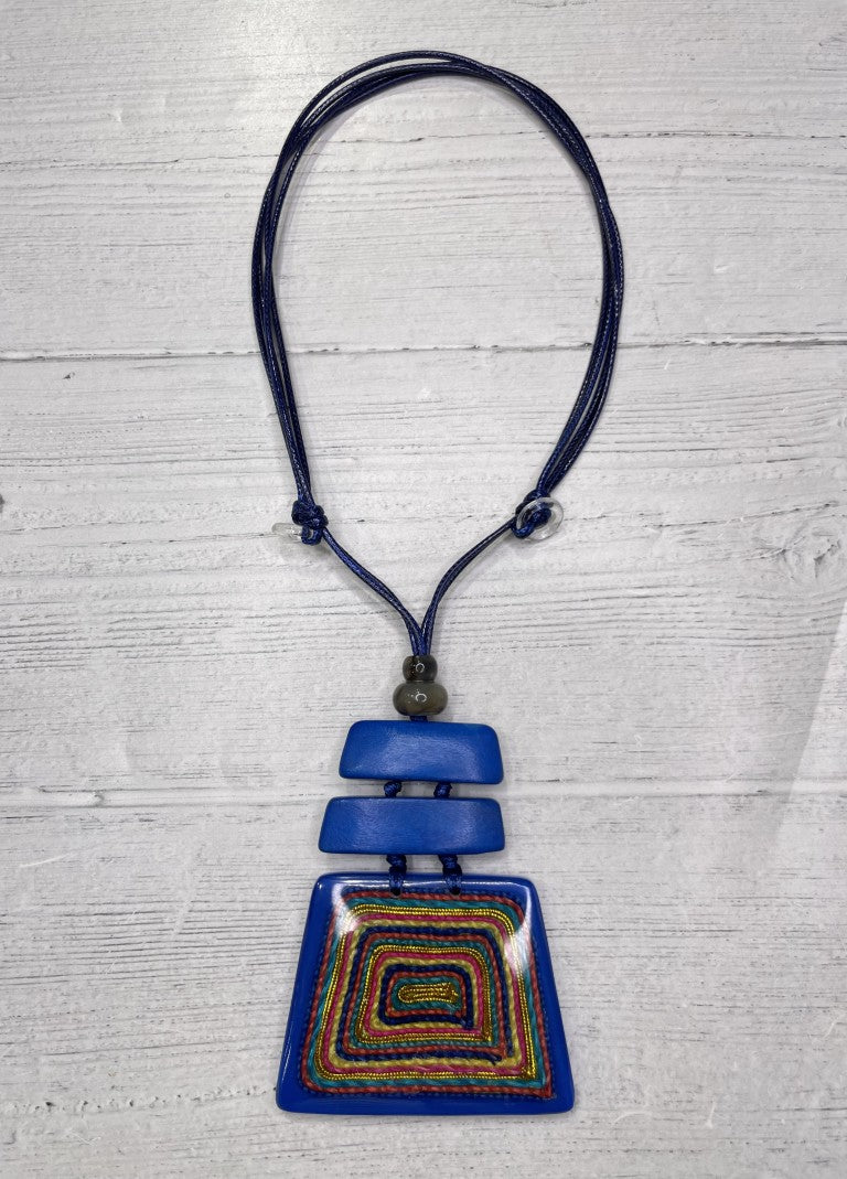 Alisha D Handmade Blue Resin Multicolor Threads Pendant Necklace