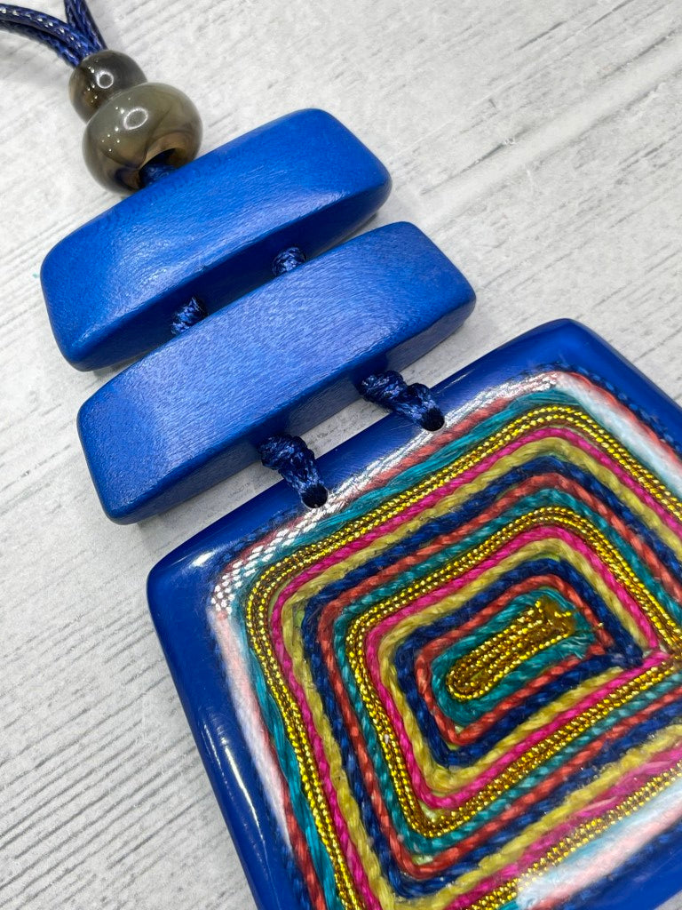 Alisha D Handmade Blue Resin Multicolor Threads Pendant Necklace
