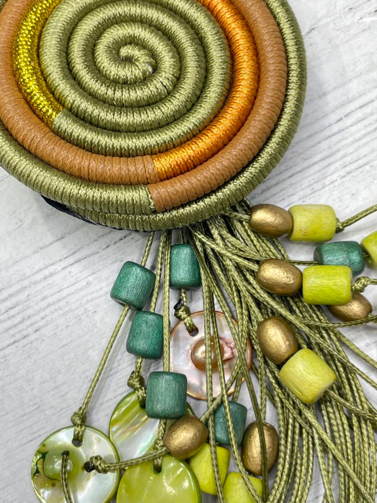 Alisha D Handmade Olive Camel Threads Pendant Necklace With Beaded Tassel