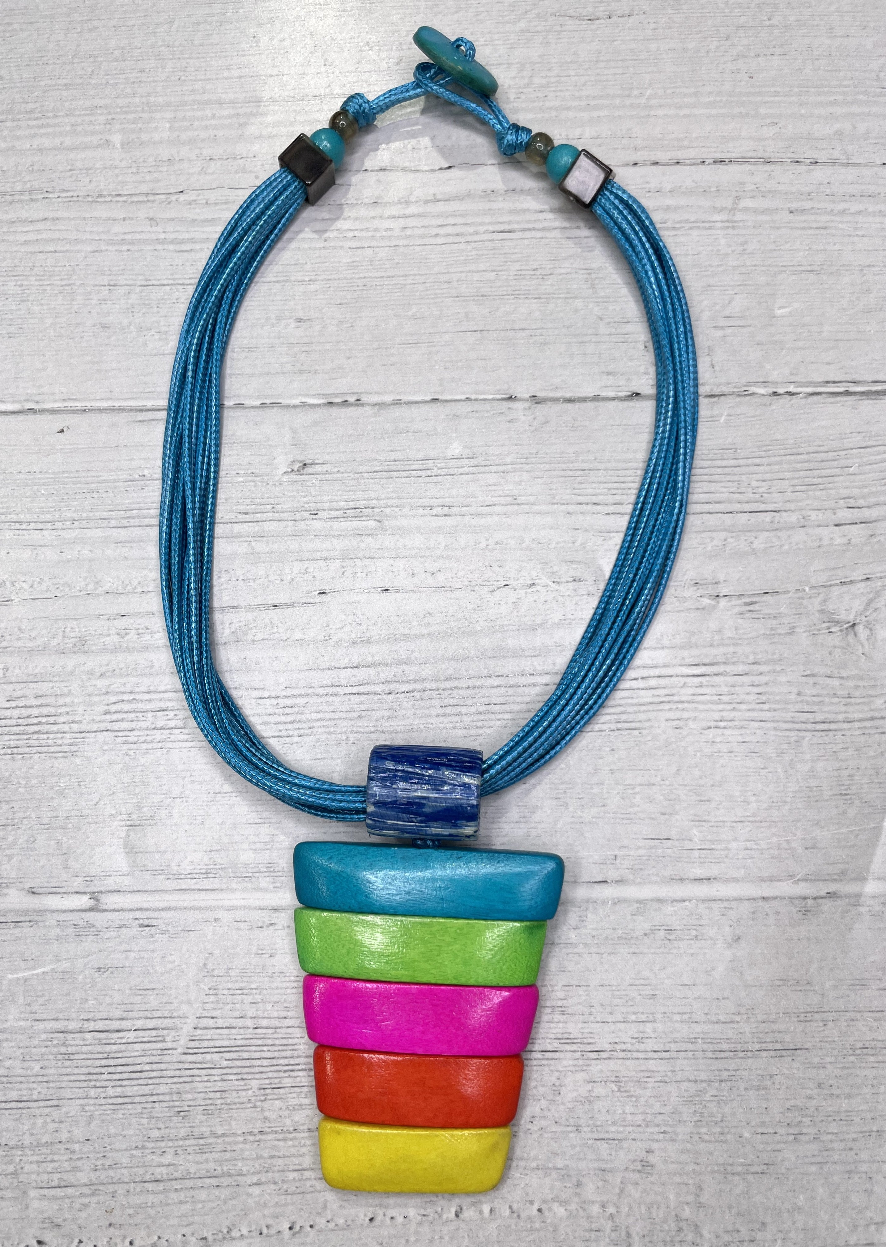 Alisha D Multicolor Wood Pendant Statement Necklace Blue Cord