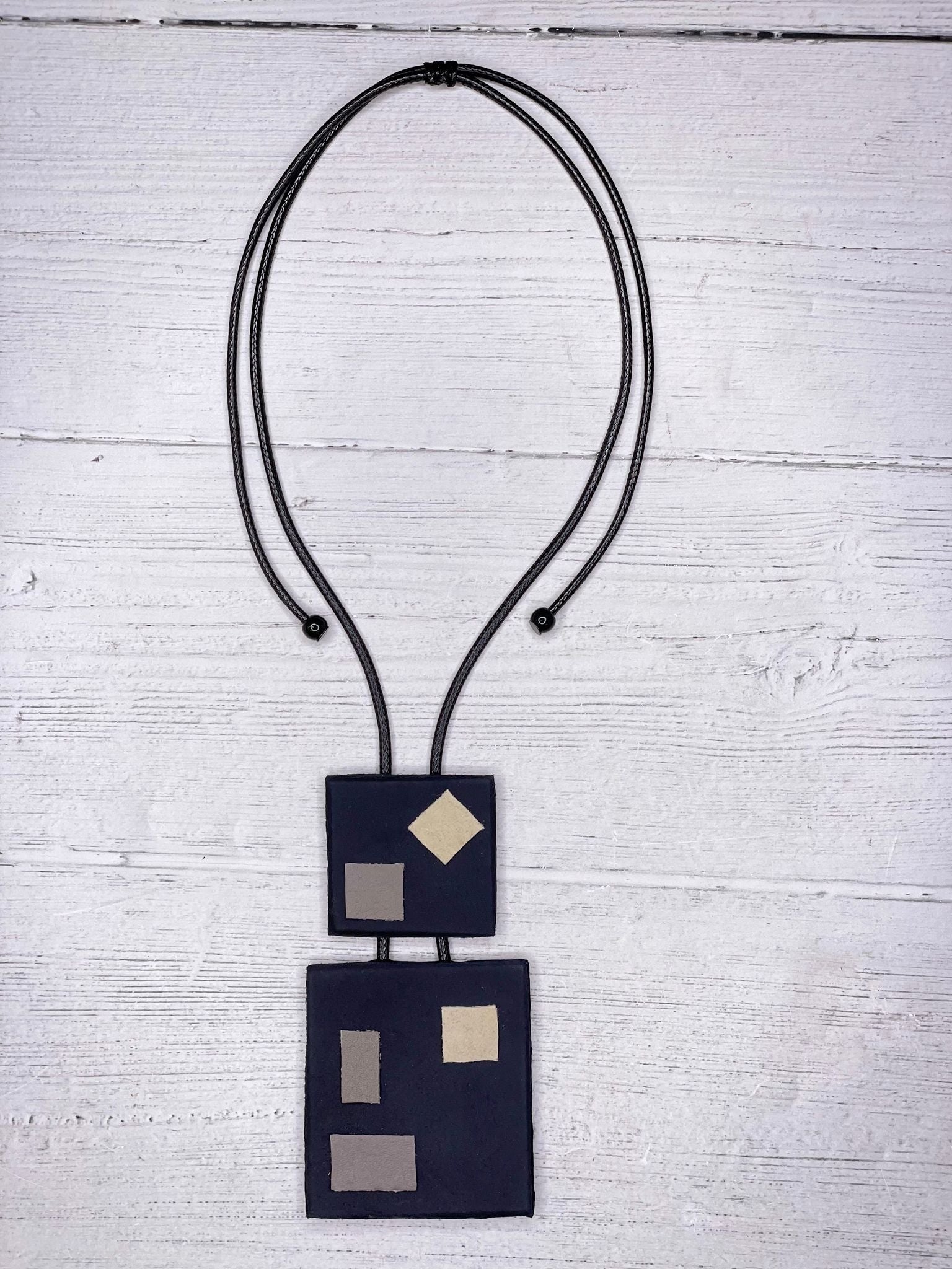 Alisha D Women's Necklace Faux Leather Squared Pendant Grey Black