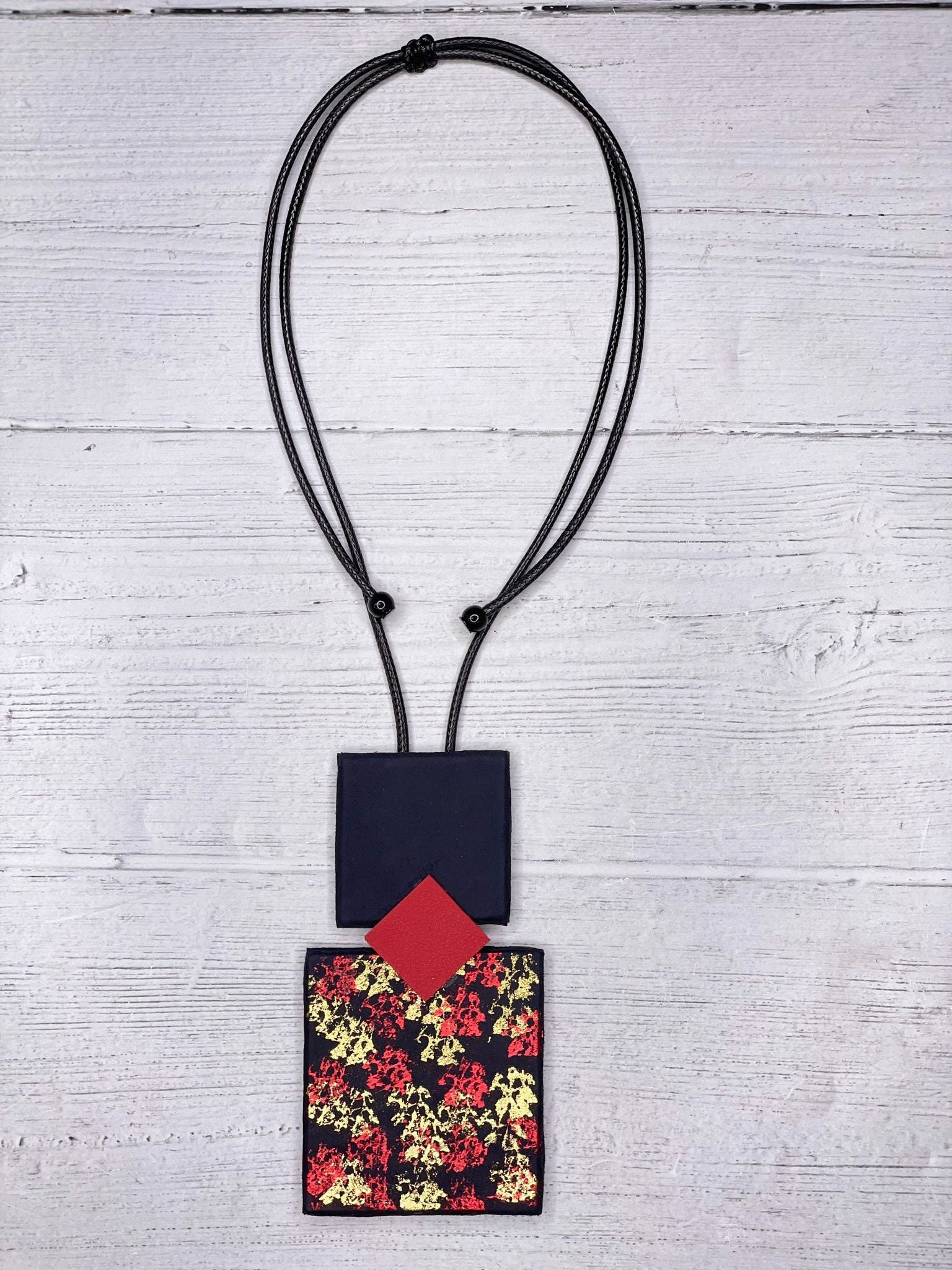 Alisha D Women's Necklace Faux Leather Squared Pendant Red Black