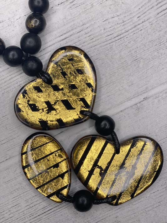 Alisha D Women's Necklace Heart Black Gold Resin Pendant Adjustable Cord