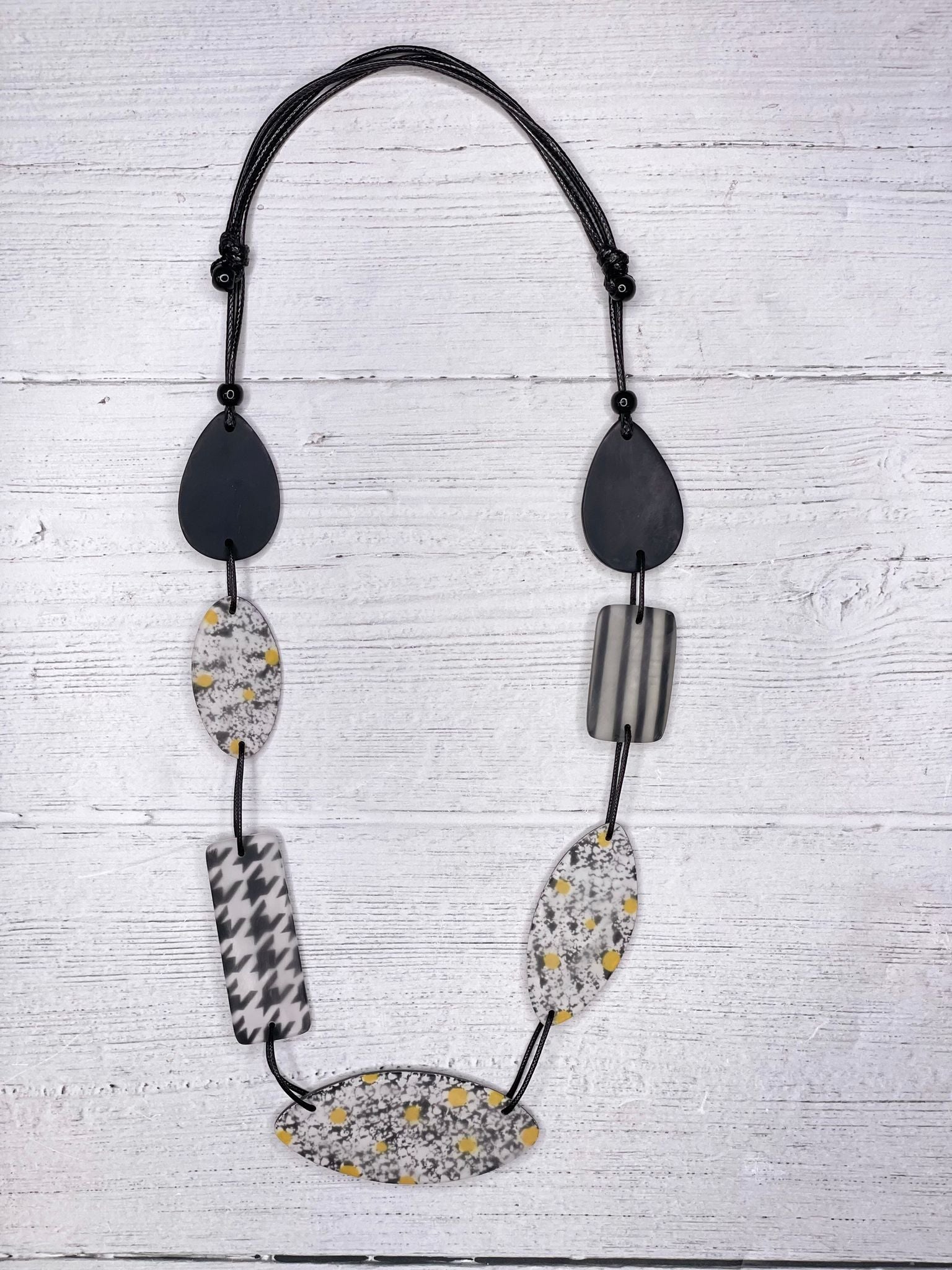 Alisha D Long Resin Statement Necklace Adjustable Cord Frost Black White