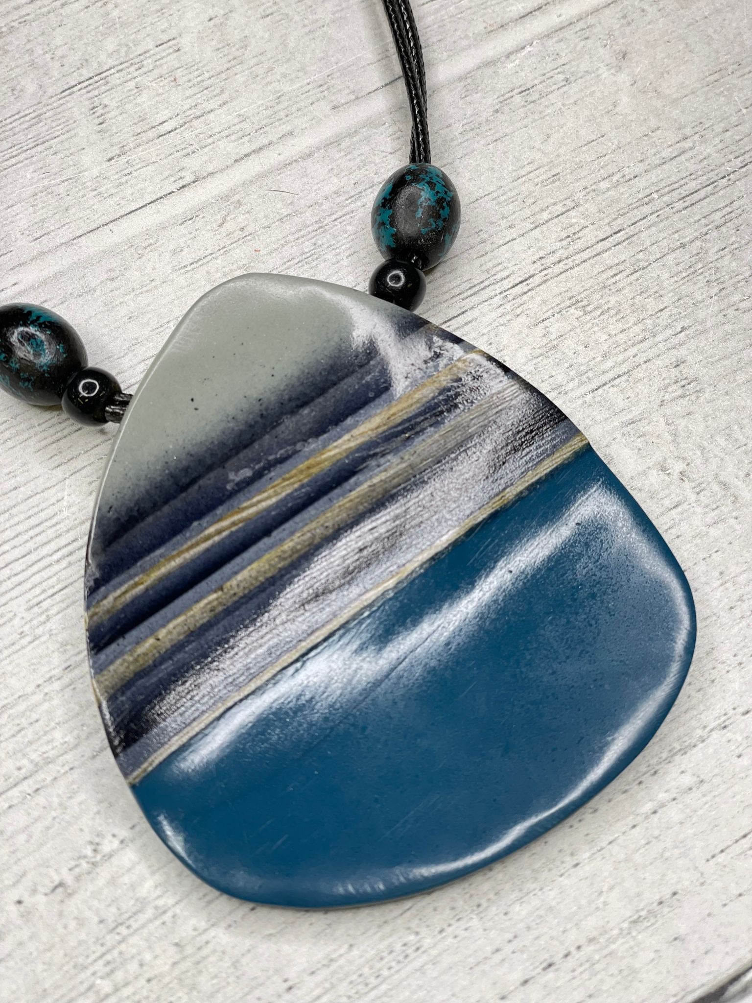 Alisha D Women's Necklace Blue Grey Hand Painted Wood Pendant