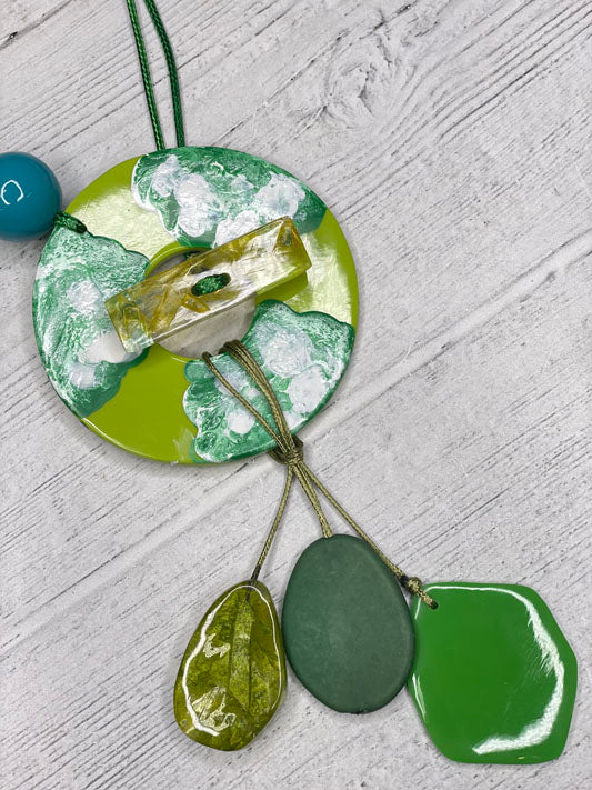 Alisha D Big Resin Pendant Green Tones Adjustable Cord Necklace