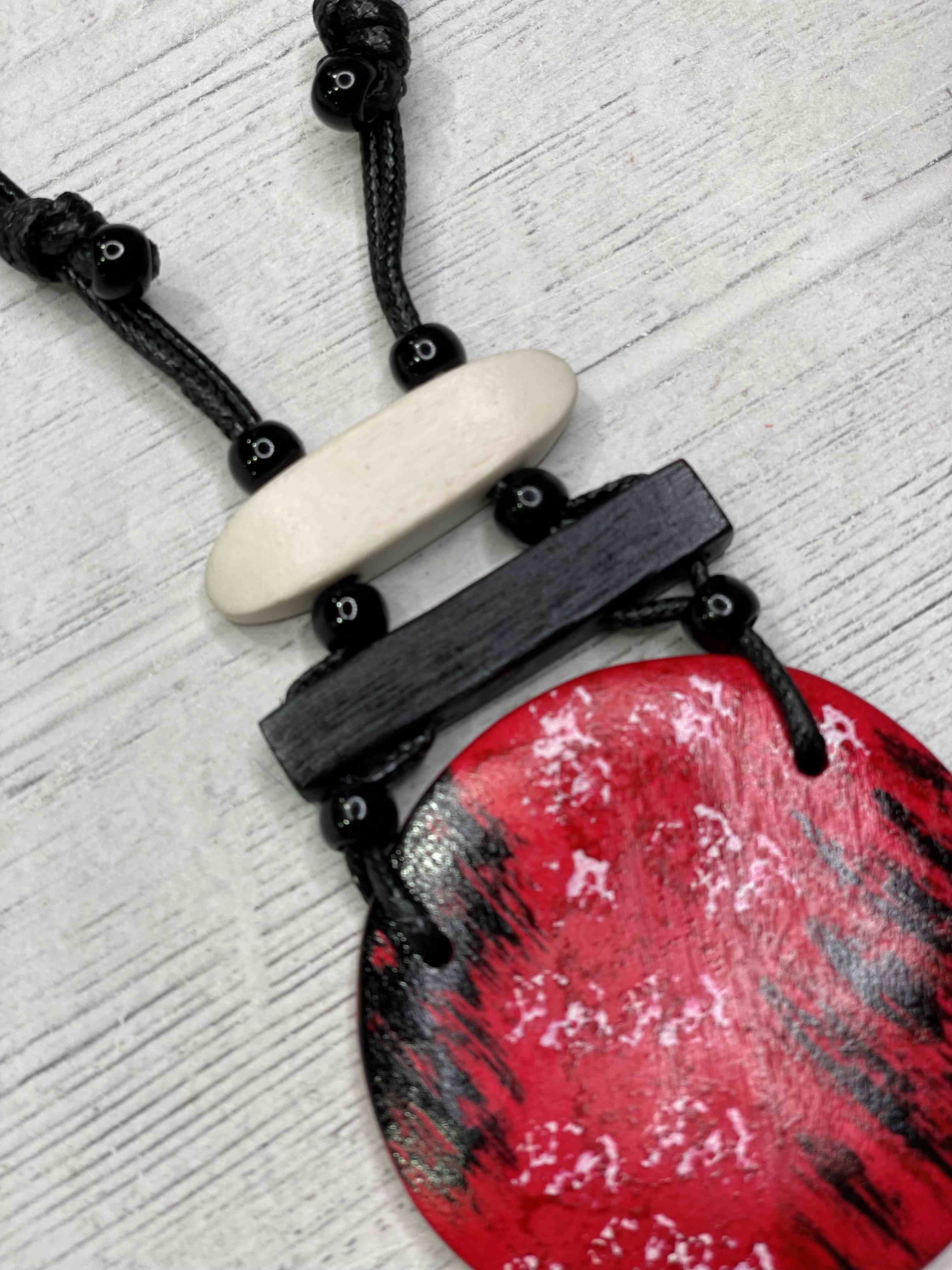 Alisha D Hand painted Pendant Adjustable Cord Red Black Necklace