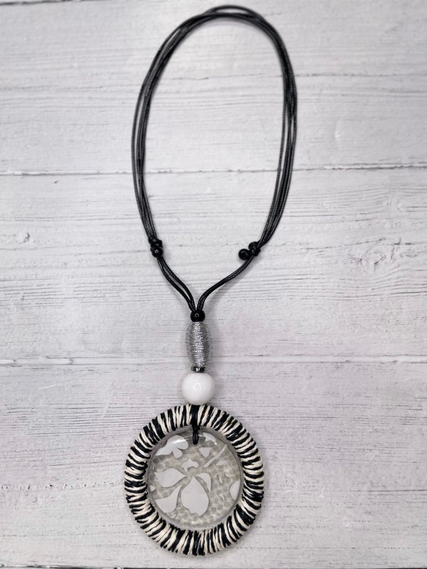 Alisha D Handmade Women's Necklace Resin Pendant Adjustable Cord Black and White