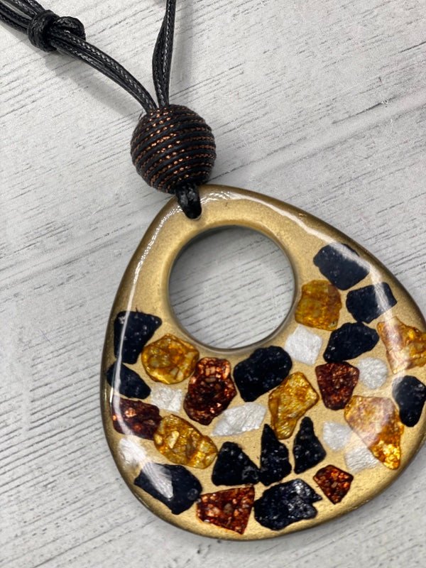 Alisha Brown Gold Pendant Resin Statement Necklace Adjustable Cord