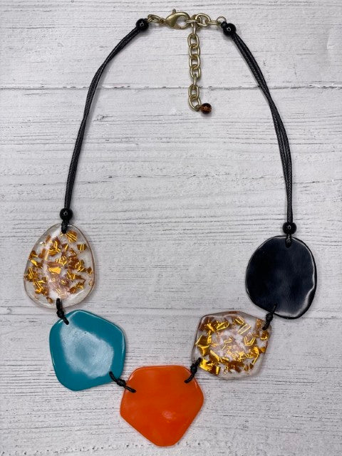 Alisha D Asymmetrical Resin Pieces Orange Turquoise Statement Necklace