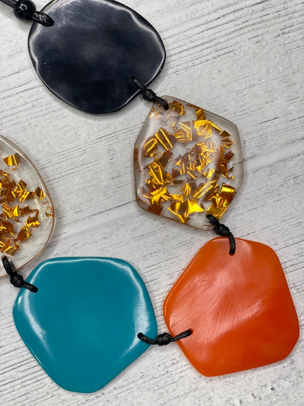Alisha D Asymmetrical Resin Pieces Orange Turquoise Statement Necklace