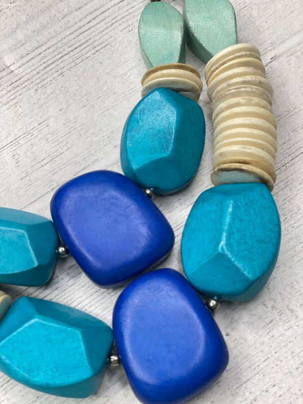 Alisha D Handmade Chunky Statement Necklace Blue Ivory Wood