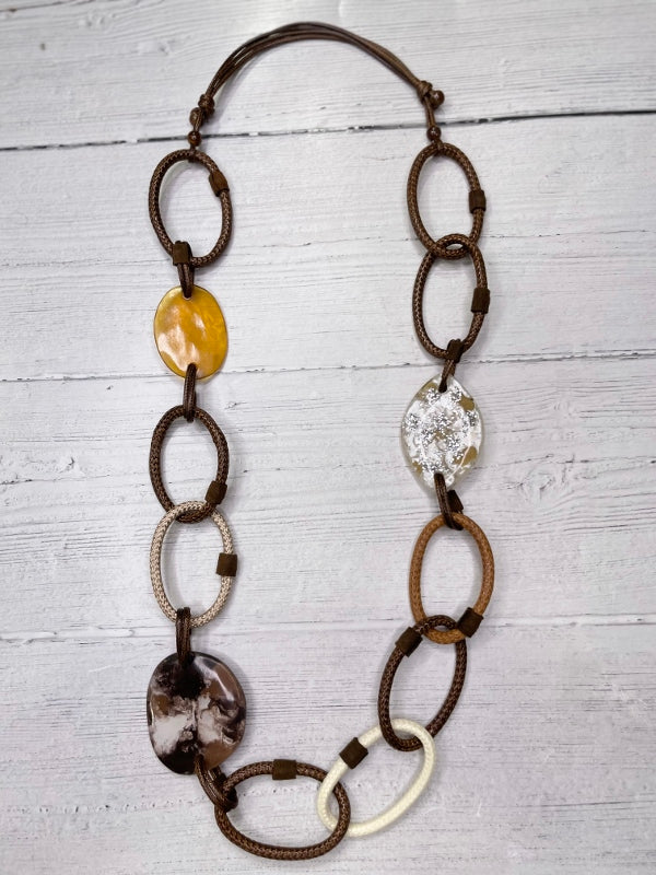 Alisha D Long Statement Necklace Adjustable Cord Mix Resin Coin With Rings Cord