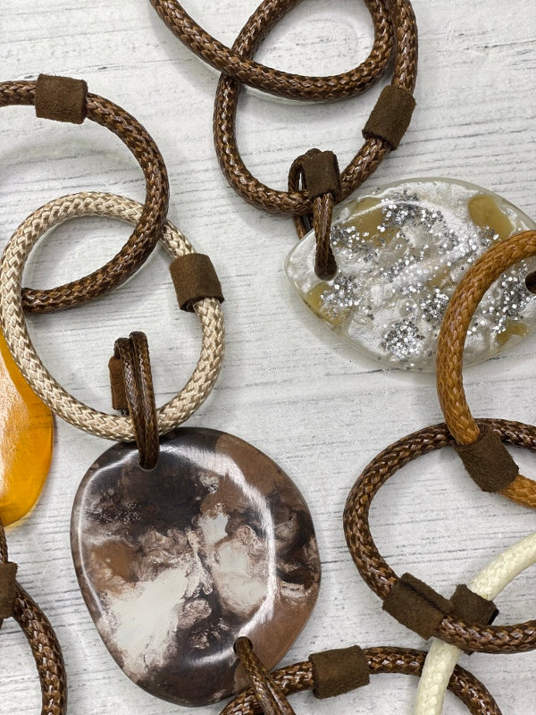 Alisha D Long Statement Necklace Adjustable Cord Mix Resin Coin With Rings Cord