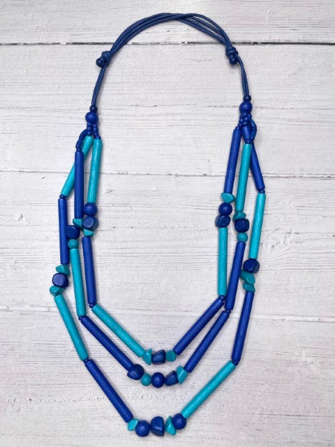 Alisha D Multi Strands Long Statement Necklace in Blue Adjustable Cord