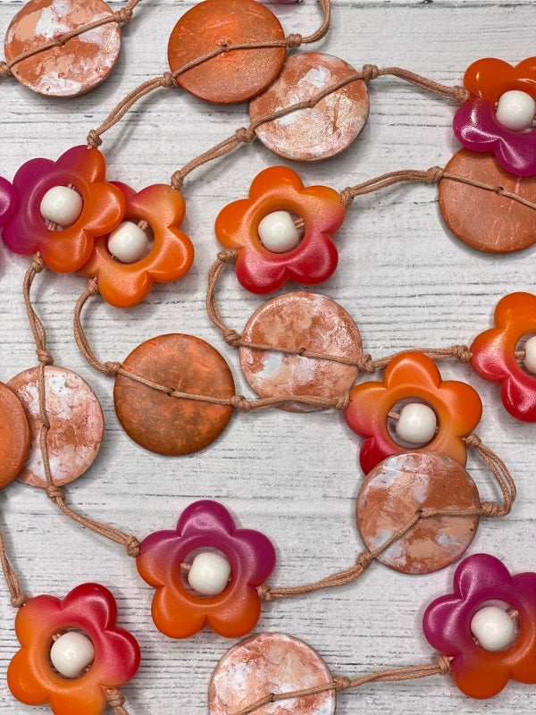 Alisha D Handmade Orange Flower Long Statement Necklace Multi Strand Adjustable Cord