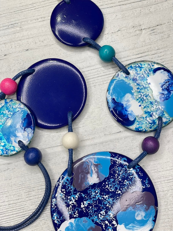 Alisha D Long Statement Necklace Hand Painted Resin Disc Blue Shade