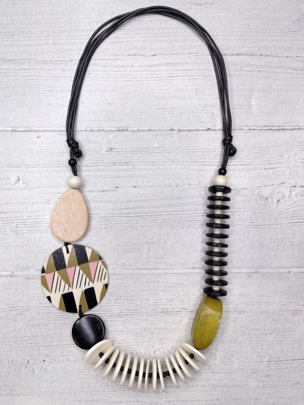 Alisha D Long Statement Necklace Adjustable Cord In Natural and Hand painted Wood