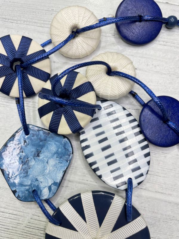 Alisha D Handmade Resin and Fabric Pieces Blue White Necklace Adjustable Cord