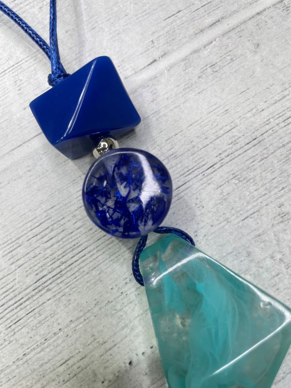 Alisha D Necklace Asymmetrical  Blue Tone Resin Pendant Adjustable Cord