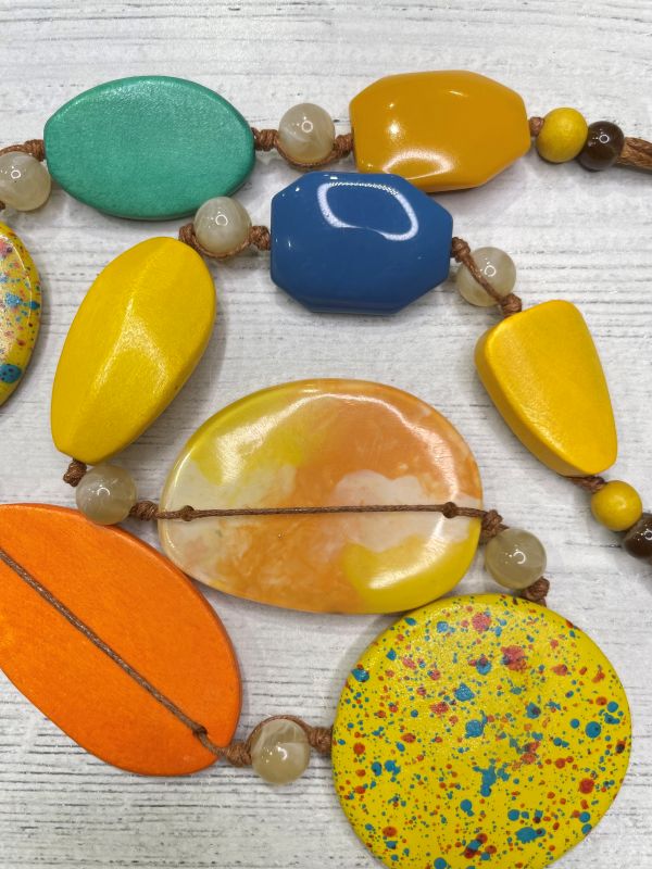 Alisha D Long Statement Necklace Adjustable Cord In Multicolor Resin Wood Beaded