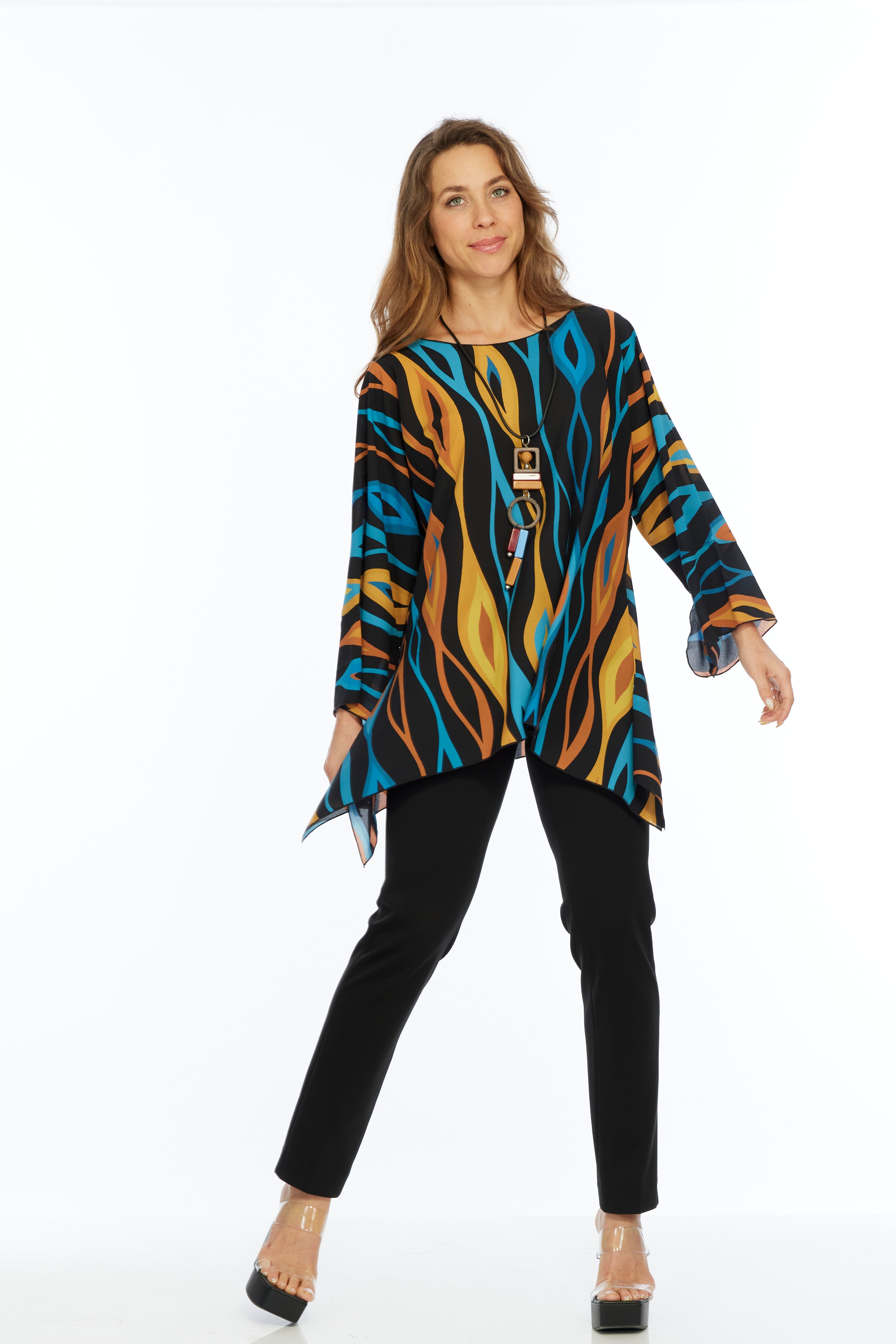 Multi Flame Print Sheer Long Sleeve Layering Top Flowy One Size LIOR