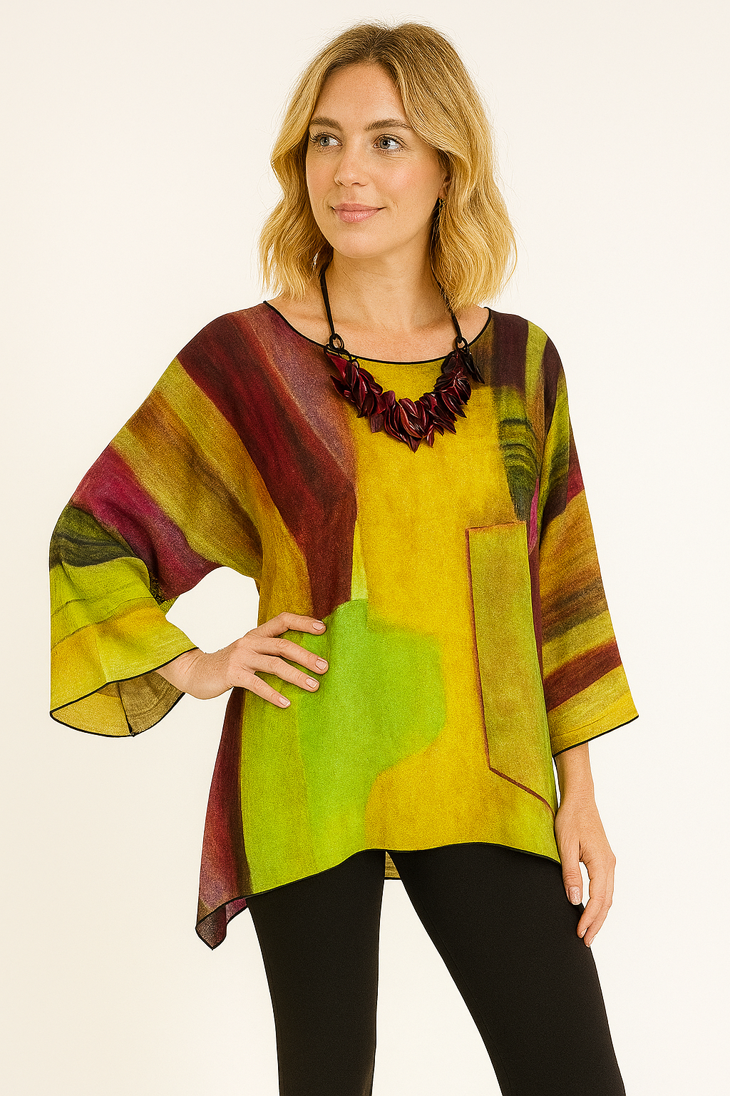 LIOR Women's Burgundy Multi Color Print Sheer One Size Blouse