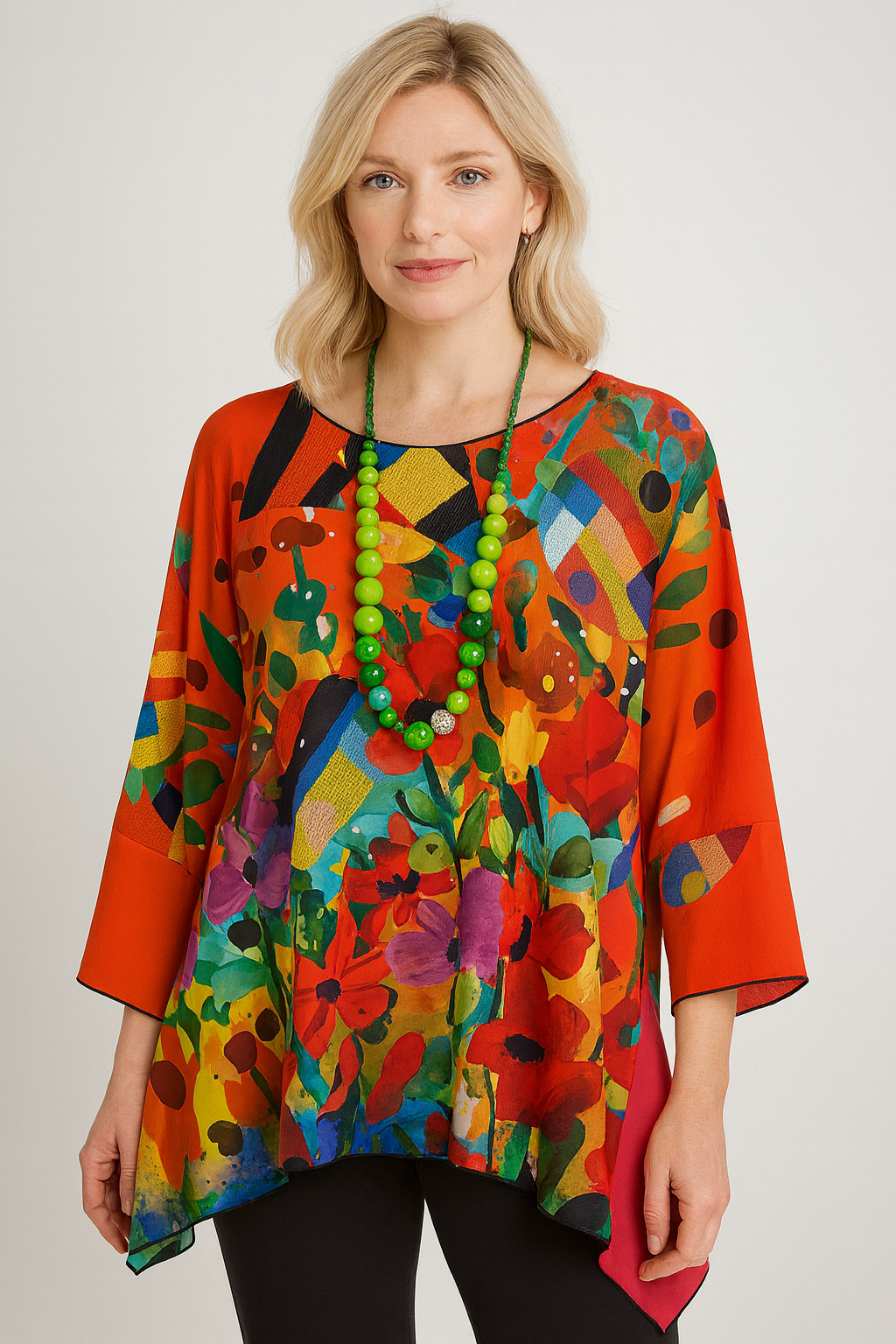 LIOR Women's Multi Warm Floral Chiffon One Size Blouse 3/4 Sleeve