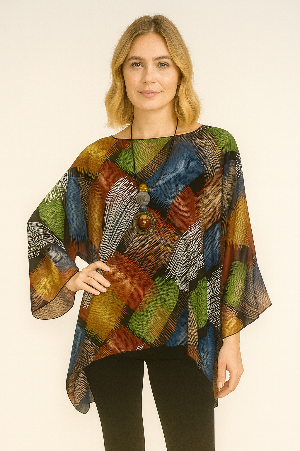 LIOR Women's Abstract Patchwork Chiffon One Size Blouse 3/4 Sleeve
