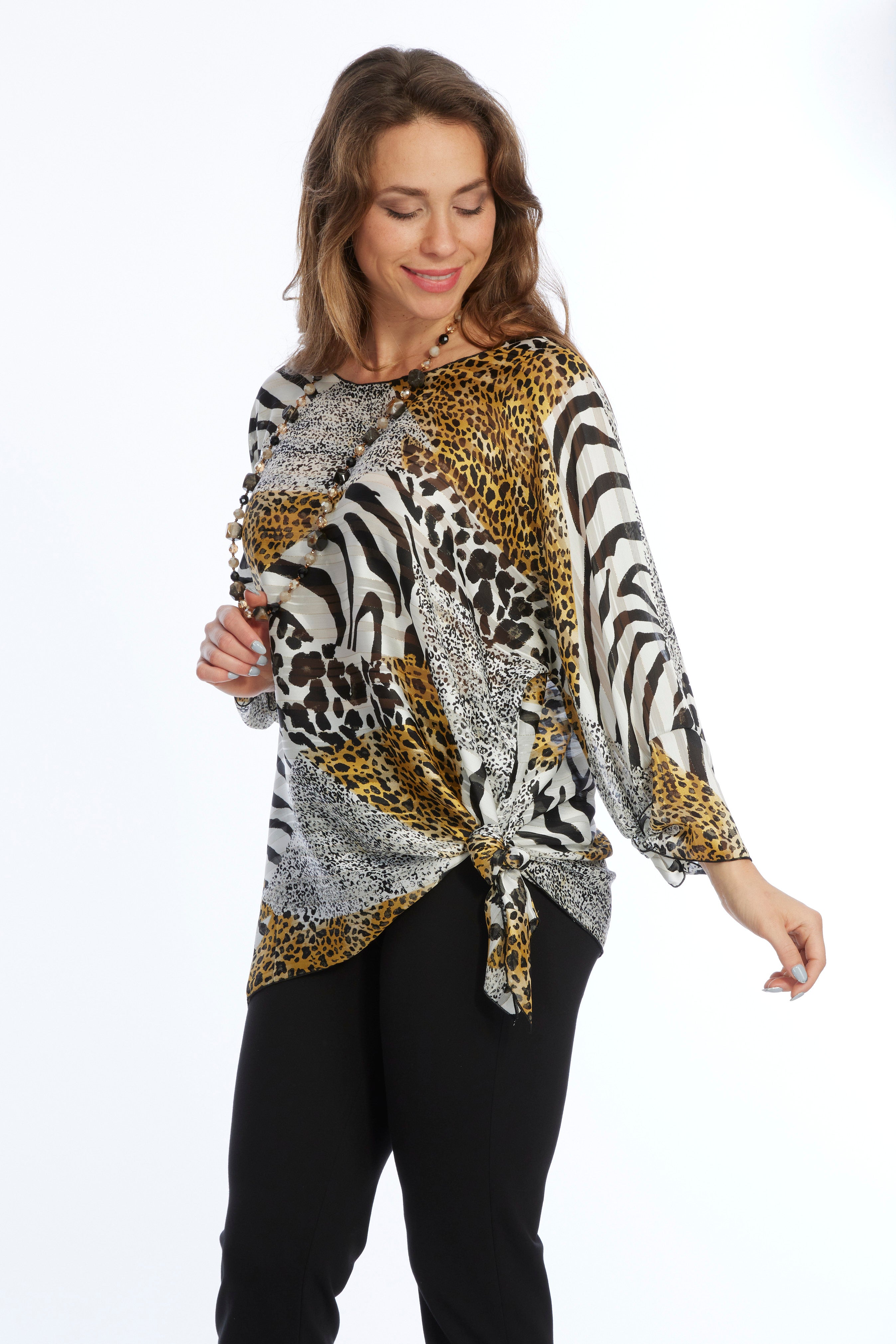 Animal Print Sheer Long Sleeve Layering Top Flowy One Size LIOR