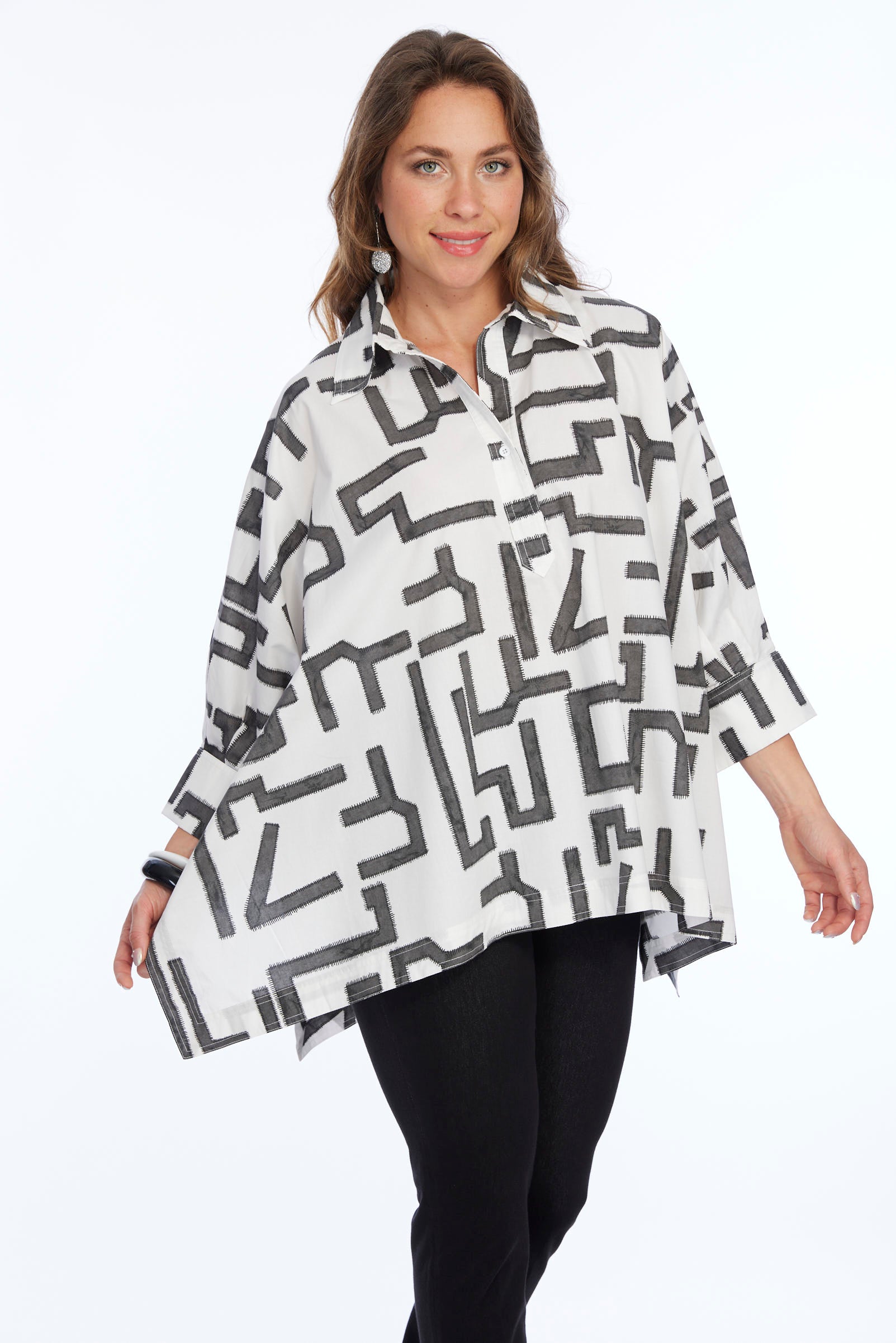 White & Grey Abstract Print One Size Collar Top: Perfect For All Sizes | LIOR