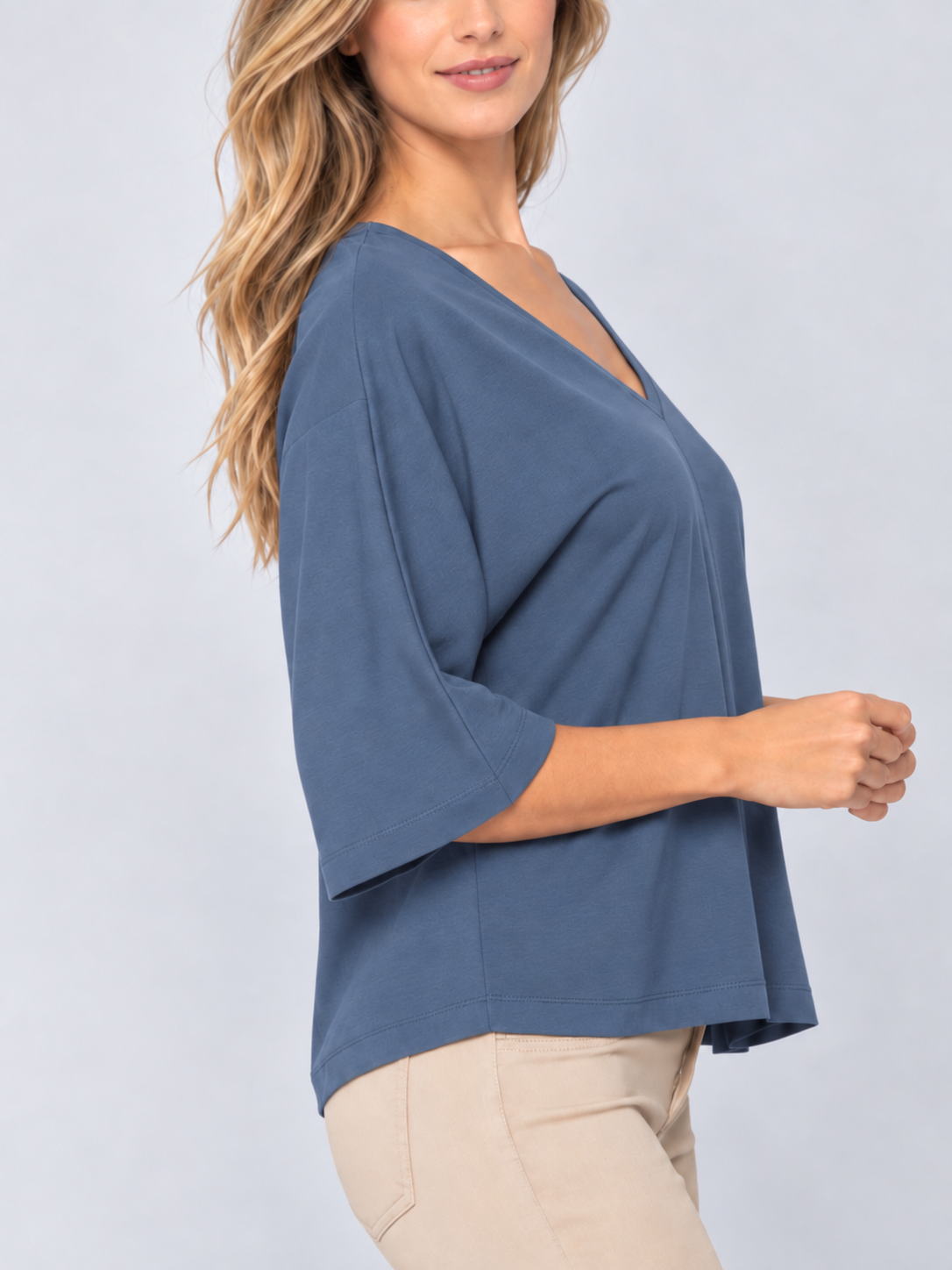 Women's Indigo 100% Cotton V -Neck 3/4 Bell Sleeve Top - Relaxed Fit