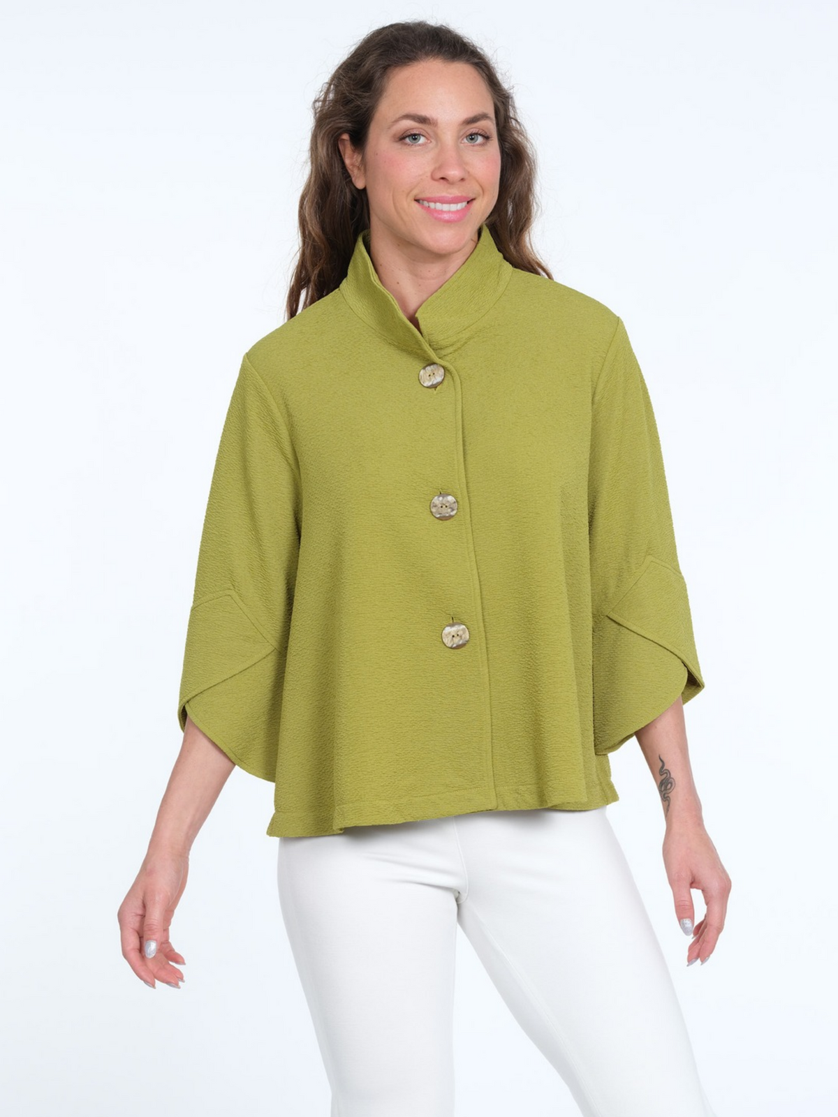  lime-green textured jacket with a stand collar