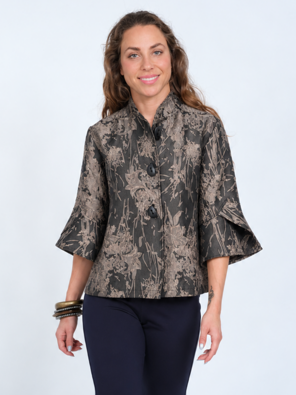 Women's Floral Taupe Jacquard Three-Button Textured Stand Collar Jacket Ft 3/4 Tulip Sleeves - "Vaya"